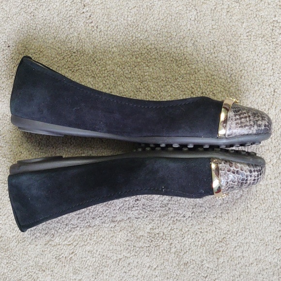 VGUC Tory Burch Pacey driver ballet flat black suede snakeskin print cap toe - Picture 5 of 8